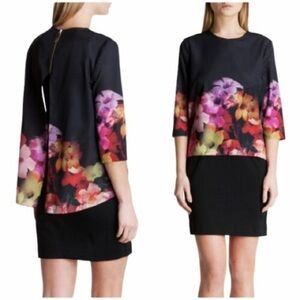 Ted Baker Cadie Cascading Black Pink Floral Layered  Tunic Dress Size 0 (XS)